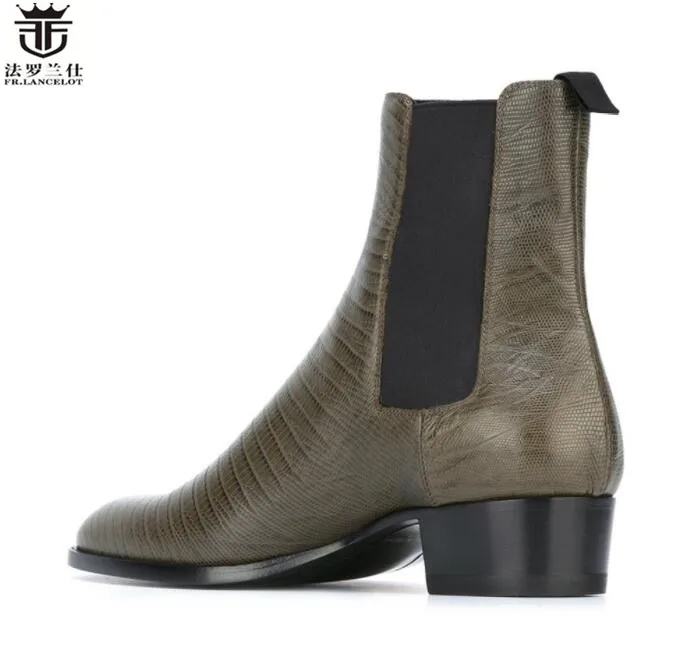 FR.LANCELOT Chelsea boot men print leather boots British Style point toe ankle boots high quality low heel party men boots