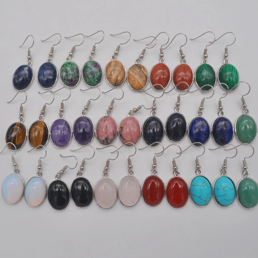 Agate/Sandstone/Brazilian Sodalite/Rhodonite/Turquoise/Crystal/Lapis/Opal/Green Malachite Stone Beads Oval Earrings Jewelry