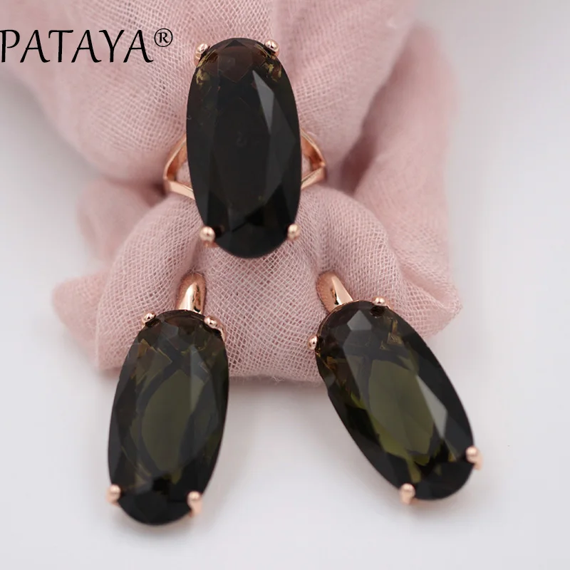 PATAYA New Fine Jewelry Set For Women Fashion Wedding 585 Rose Gold Color Oval Artificial Cubic Zircon Blue Earrings Rings Sets