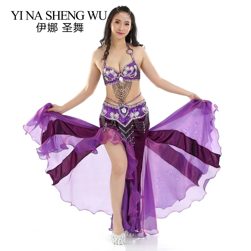 3pcs Set Adult Belly Dance Performance Costumes Flannel Split Skirt Oriental Dance Performance Clothing Bra Belt Skirt Dance Set