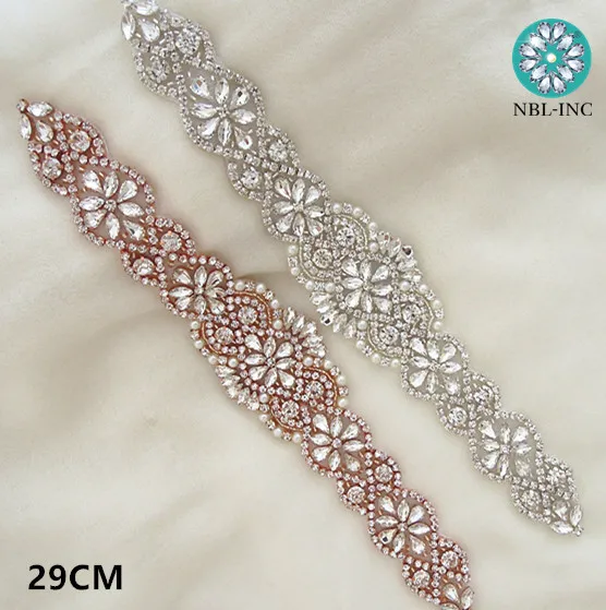 

(30PCS) Wholesale handmade beaded bridal rose gold clear crystal rhinestone appliques iron on for wedding dresses sash WDD0403