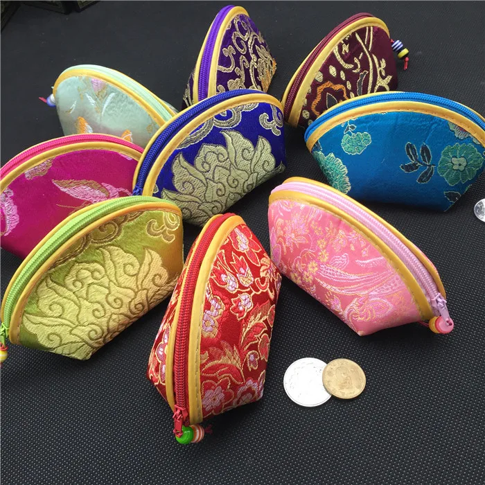 Cute Seashell Small Christmas Candy Zip Bags, Wedding Party Favor, Chinese Silk Brocade Jewelry Pouches, Coin Purse, 20Pcs