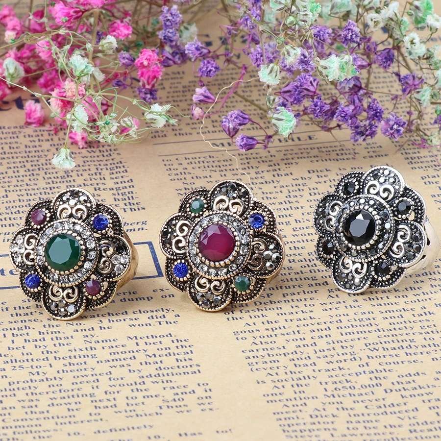 Turkish Antique Gold Crystal Flower Rings For Women Black Stone Silver Color Gothic Ring Vintage Accessories Bohemian Jewelry