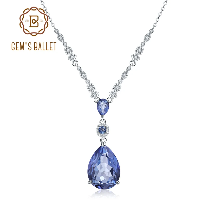 GEM'S BALLET 925 Sterling Silver Classic Jewelry 10.68C Natural Iolite Blue Mystic Quartz Pendant Necklace for Women Wedding