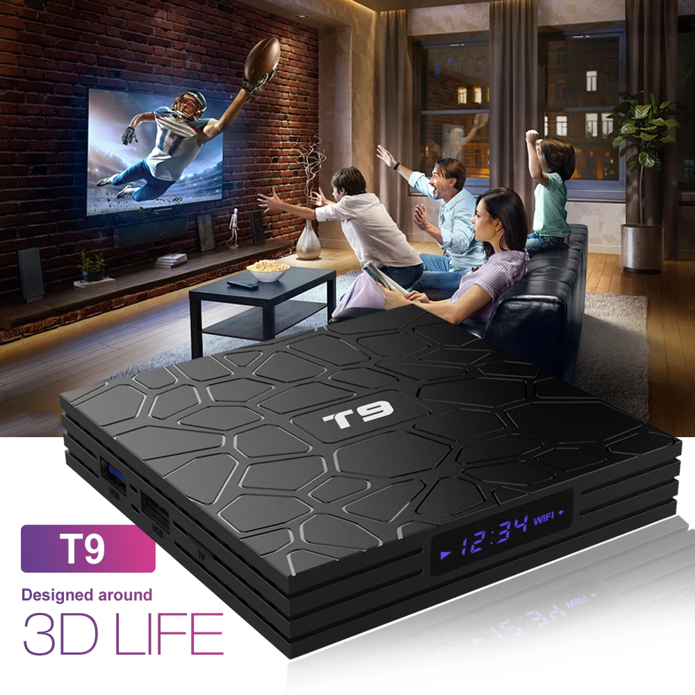 안드로이드 9.0 TV 박스, T9 RK3318 쿼드 코어, USB 3.0 스마트 4K 셋톱 박스, 2.4G, 5G 듀얼 와이파이, BT 미니 PC 옵션, 4GB, 64GB