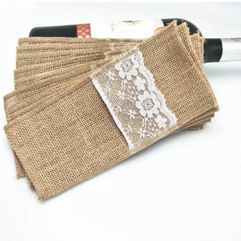 10pcs Natural Jute Burlap Cutlery Holders Packaging Fork and Knife for Wedding , Party Decoration , 4x8 Inch  AA7897