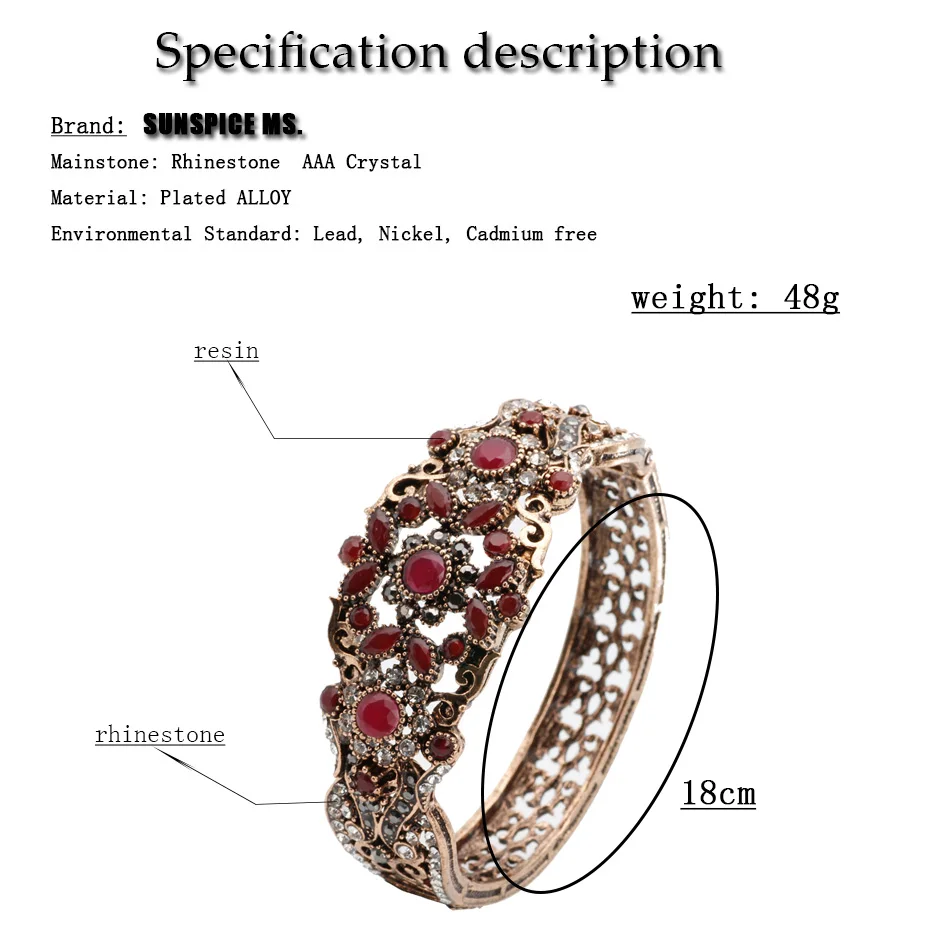 Sunspicems Chic Turkish Bangle Cuff Bracelet For Women Antique Gold Color Rhinestone Flower Bracelet Arab Bride Wedding Jewelry