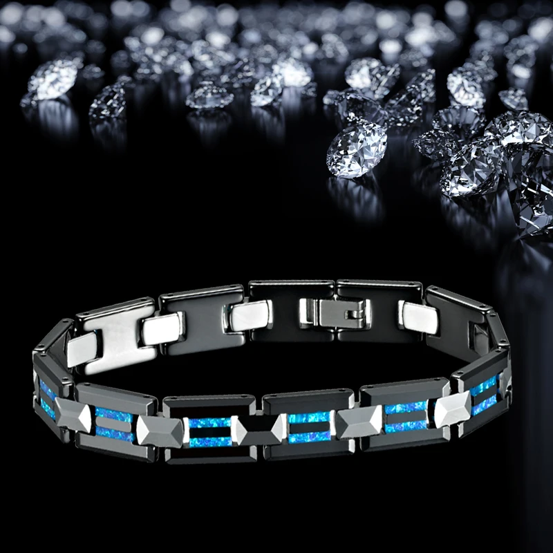 Luxury Men\'s Bracelet Black Ceramic Tungsten Blue Opal Bracelets for Men Jewelry Male Costume Women\'s Charm Bangles Jewellery