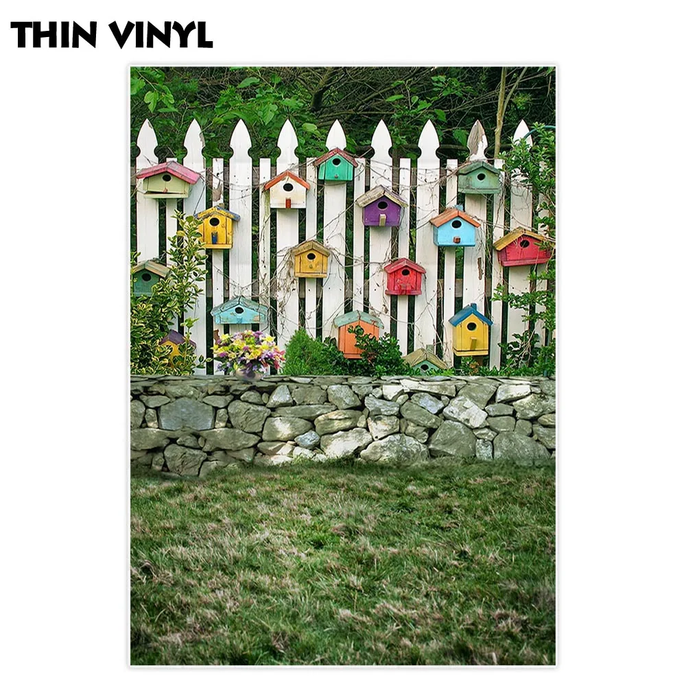 Allenjoy-Fondo de fotografía de valla de primavera, pared de ladrillo, jardín de madera, hierba, decoración, photocall, photobooth, foto impresa