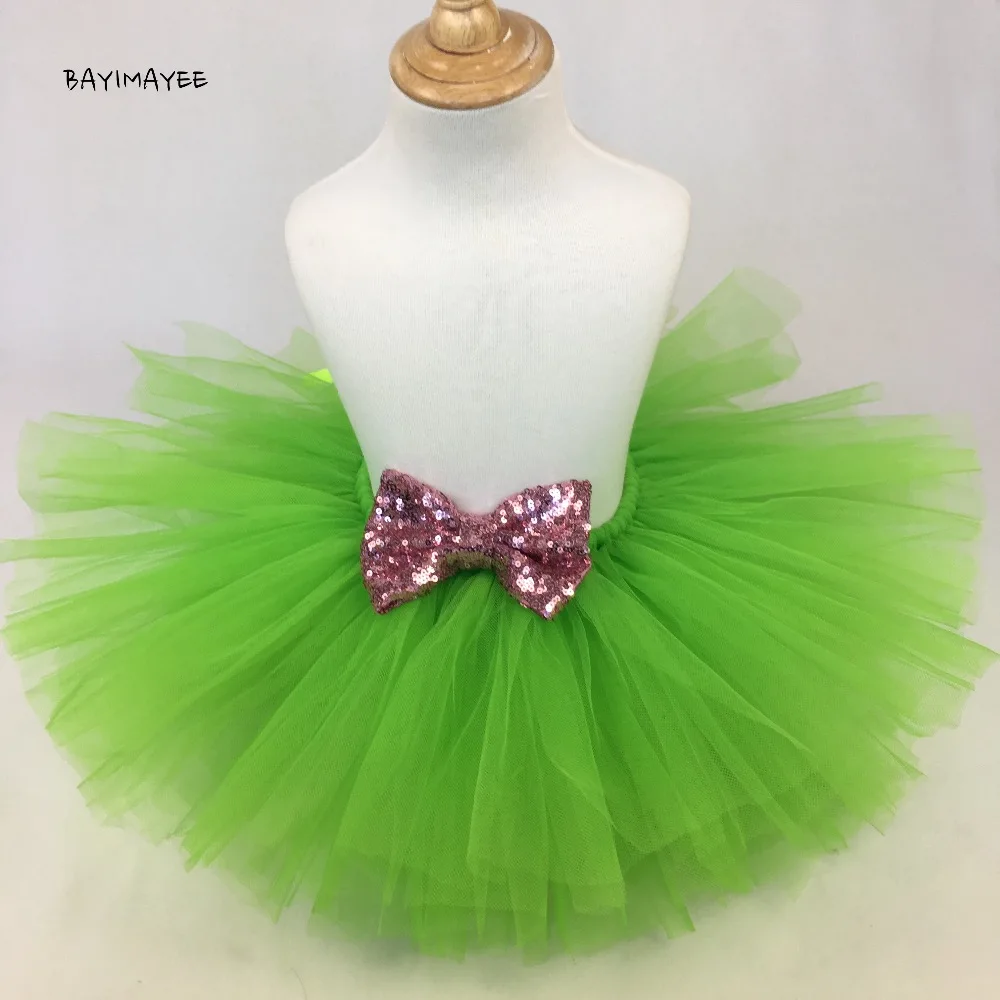 Girls Green Tutu Skirt Baby Tulle Pettiskirts with Silver Sequin Bow Kids Party Skirt Costume Underskirts Children Ballet Tutus