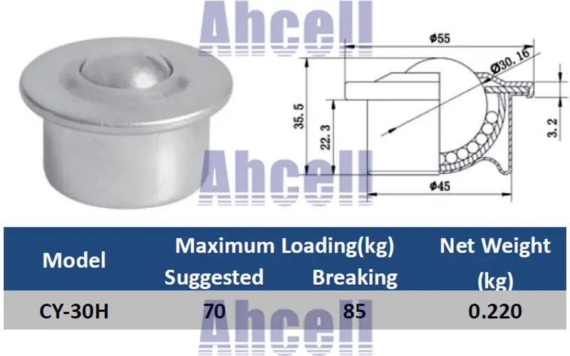 CY-30H-PL POM plastic ball bearing carbon steel pressed shell floor caster 35kgs load capacity glass factory balls transfer unit