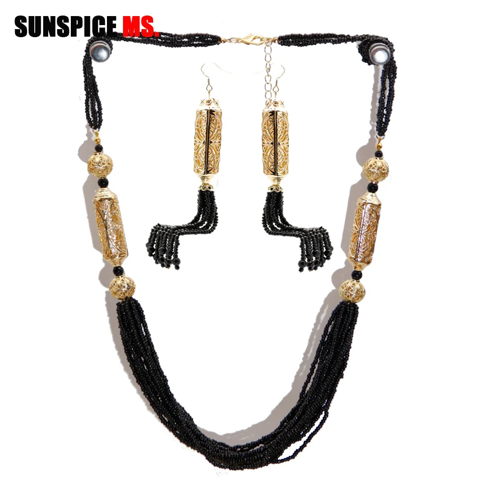 SUNSPICE-MS Fashion Engagement Wedding Jewelry Sets African Beads Bridal Long Necklace Tassels Dangle Earrings Dubai Gold Color