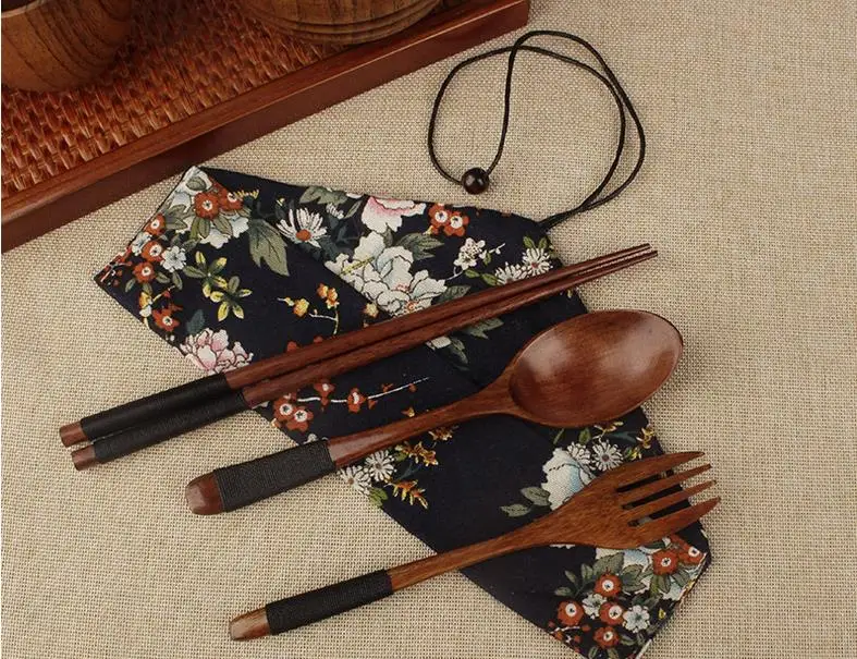 50set 3pcs/set Japanese Style Wood Chopsticks Spoon Fork Set Creative Personalized Wedding Favors Gifts Party Gift