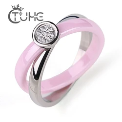 2018 Fashion 2 Layer Cross X Finger Rings for Women With Crystal Stainless Steel Pink Women Rings Jewelry Gift anillos mujer