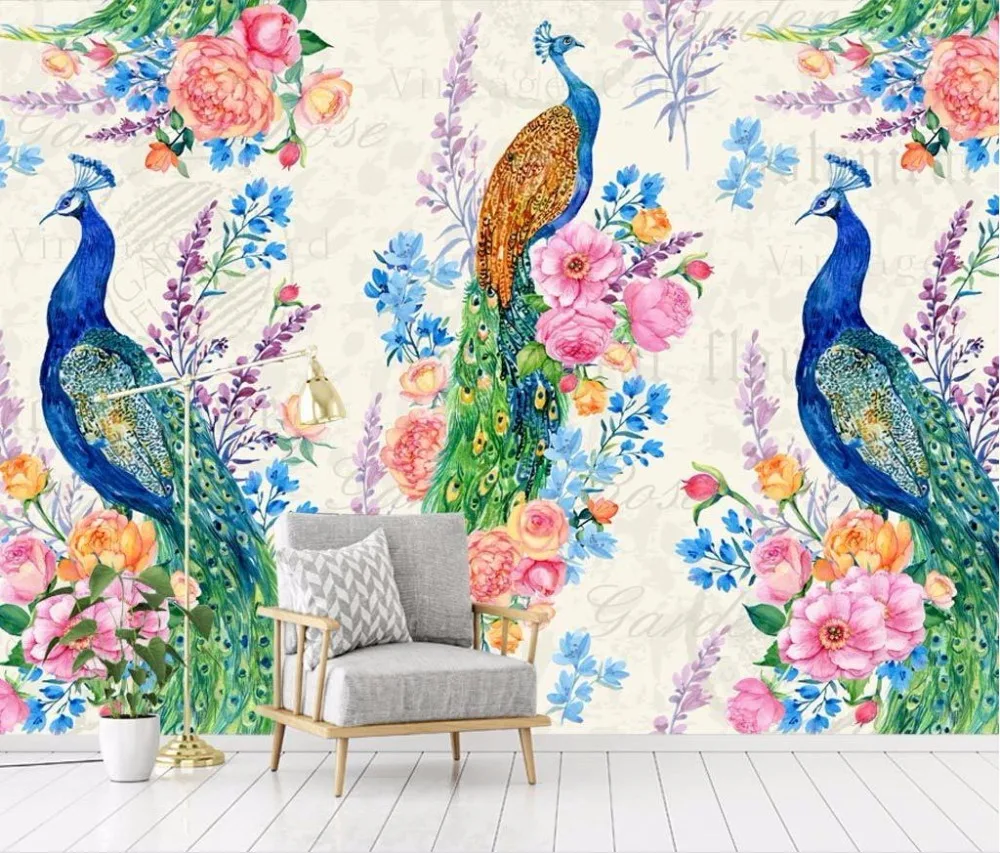 Chinese Luxury 3D Murals Wallpaper Photo peacock Wall Mural Living Room Bedroom Retro Hand Painted 3D Vinyl Wallpaper