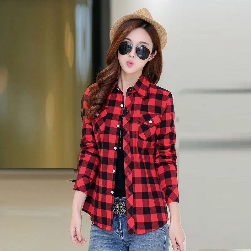 2022 Fashion Plaid Shirt Female College Style Women\'s Blouses Long Sleeve Flannel Shirt Cotton Blusas Office OL Tops