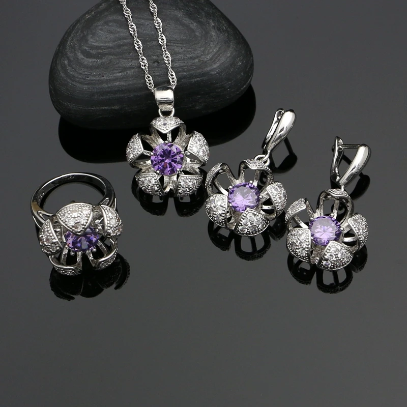 925 Silver Jewelry Sets Natural Purple White Zircon Decoration For Women Earrings/Pendant/Rings/Necklace Set