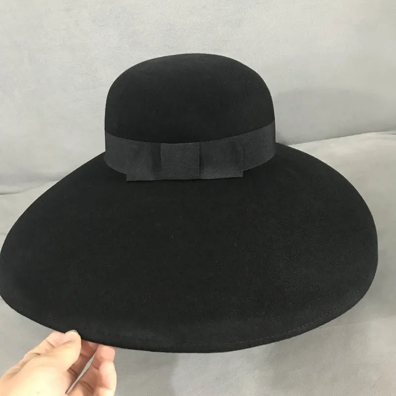 Retro Style Black Pure Wool Felt Floppy Hat Wide Brim Women Winter Fedora Cloche Bowler Hat Ribbon Band Wedding Party Church Hat