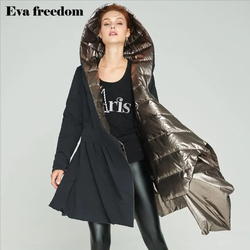 M-2XL 90% duck down coat fashion brand hooded Asymmetric length down jacket women Both sides wear Slim thicker warm coat wj1350