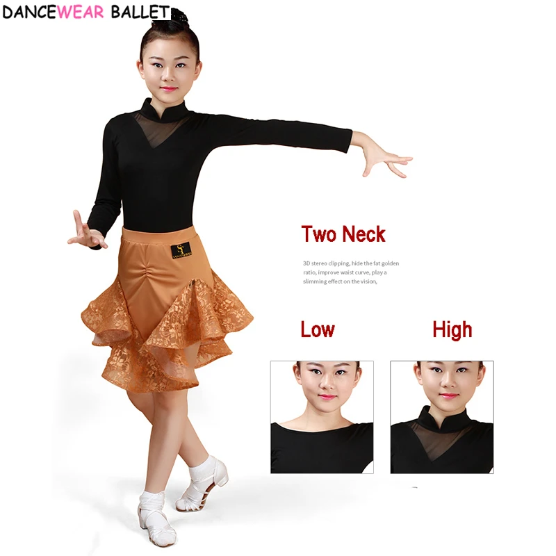 Girls Latin Ballroom Latin Dance Skirt Sumba Rumba Salsa Tango Skirts Kid Child Lace Latin Dance Split Dress With Leotard Skirt