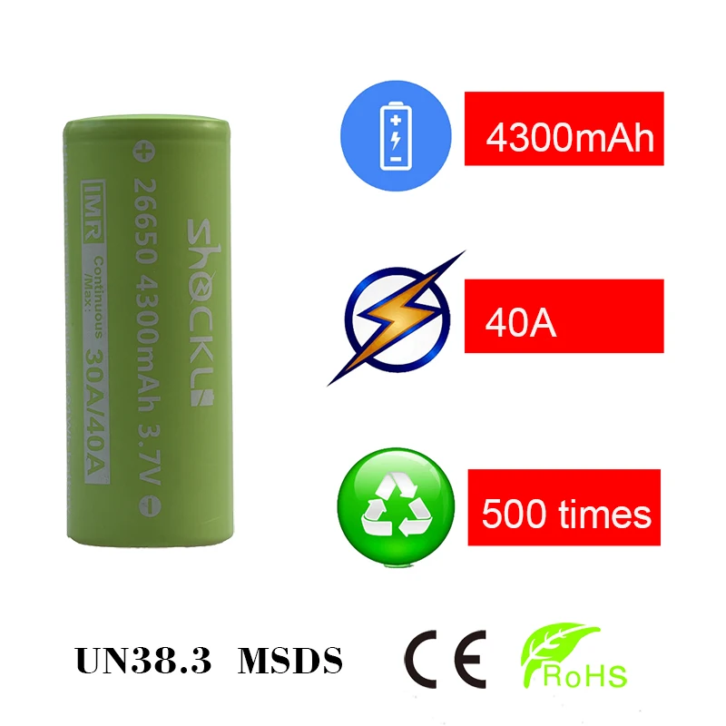 Imagem -02 - Bateria Recarregável de Li-íon 26650 26650 Mah 4300 v 30a 40a Bateria Imr de Alto Dreno para Lanterna Vape Aegis