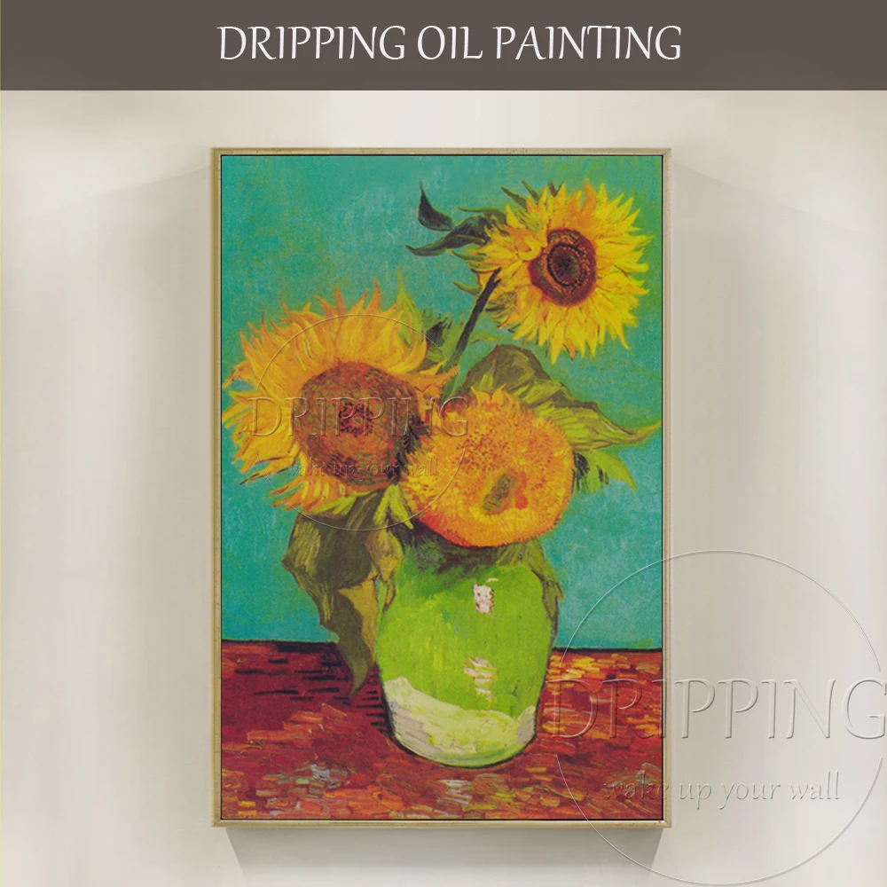 

Beautiful Sunflower Oil Painting Hand-painted Van Gogh Impression Three sunflowers in a Vase Oil Painting for Wall Decoration