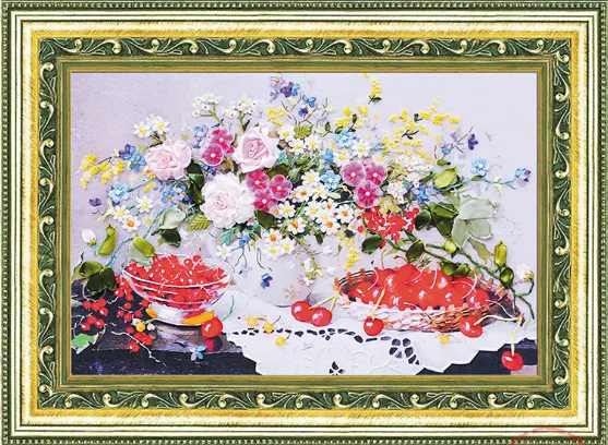 50x70cm Love of cherry Ribbon embroidery kit stain painting set handcraft kit DIY handmade needlework art home decor