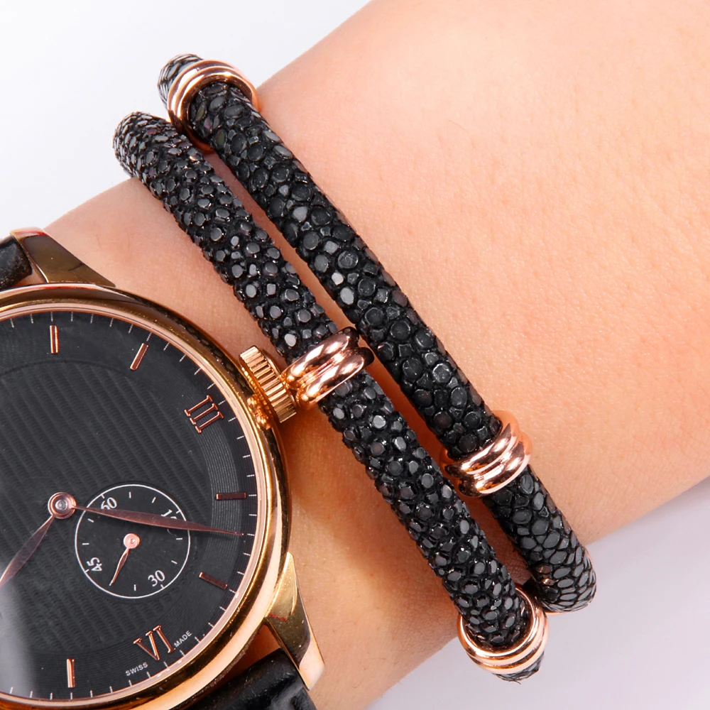 Men Brand Genuine Leather Bracelets Stingray Leather Bracelet Navy Black 5mm Round Leather Bracelet Multilayer Leather Bracelet