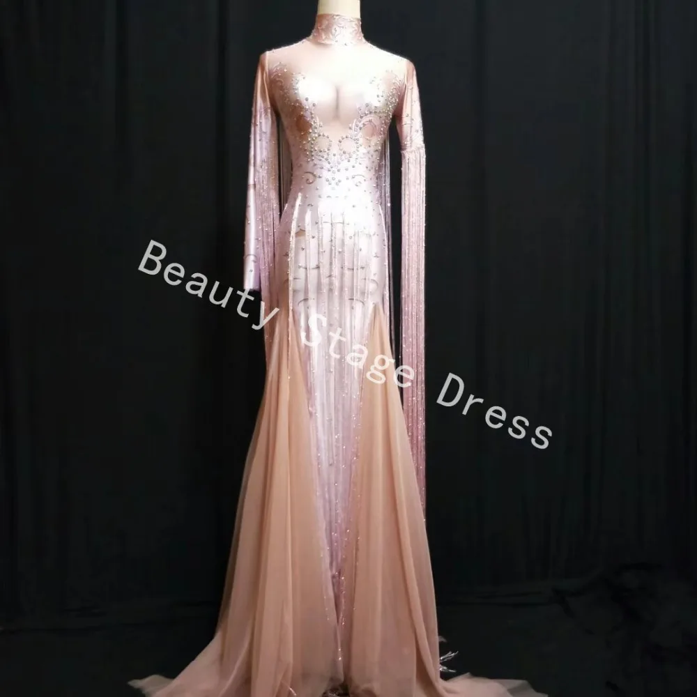 

Pink Tassel Long Dress Women Stage Dance fringes Birthday Dress Nightclub Party Female Singer Costume Evening Celebrate Outfit