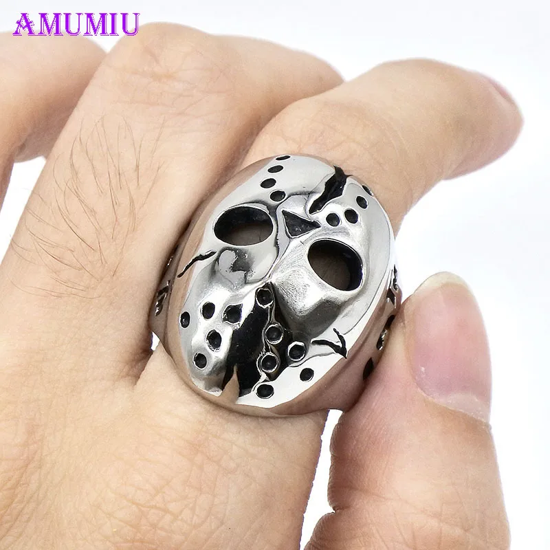 AMUMIU Titanium steel New Arrival No.13 Face Horror Mask Ring MEN Punk Jewelry Women RIng Silver Color R012