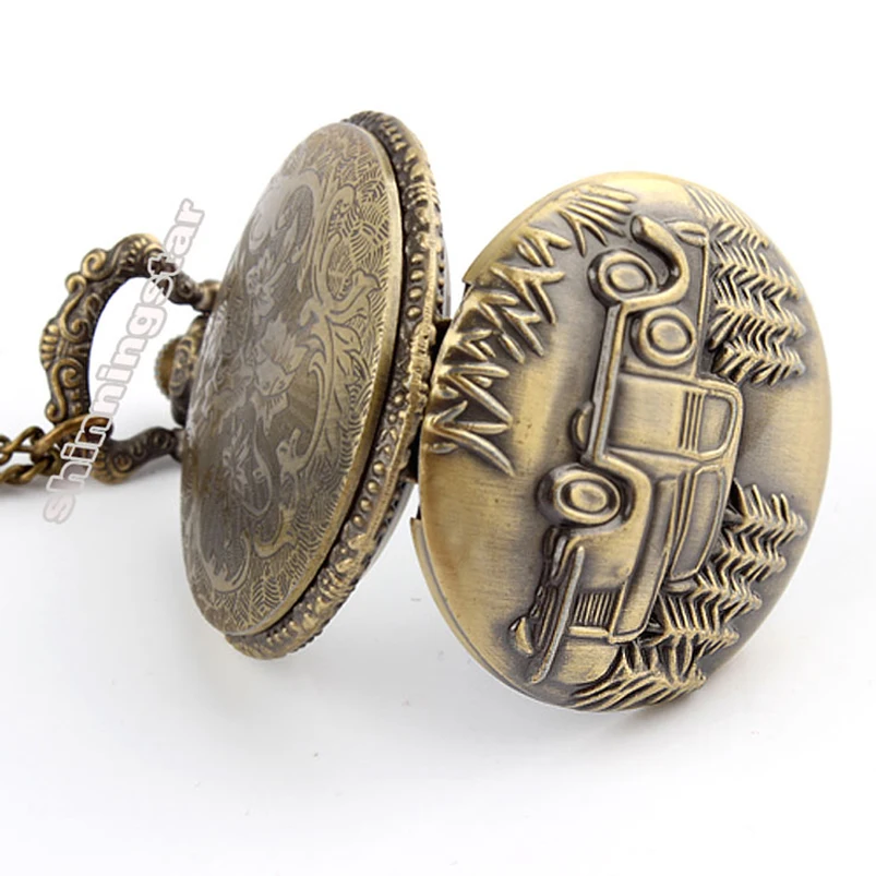 Retro Bronze Car Truck Pocket Watch Antique steel pocket fob watches long chain Necklace Gift relogio de bolso