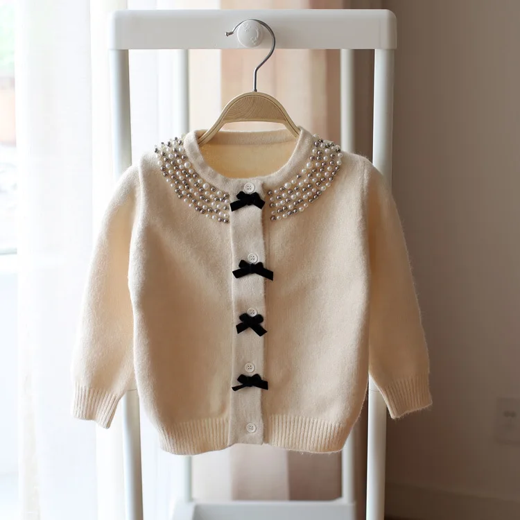 Children Clothing Kids Sweater Knitted Sweater Girls Sweater Beading Neck Girls Autumn Winter Cardigan