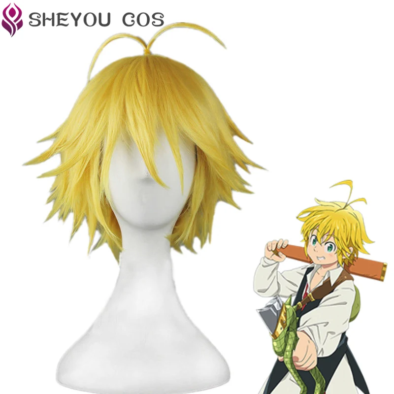 Anime Meliodas Cos peruka grzech gniewu złote żaroodporne włosy Cosplay peruki czapka z peruką