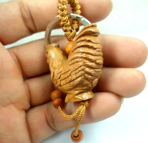 Natural mahogany three-dimensional engraving Chicken keychain Buddha key ring jewelry gift for men and women 1pc