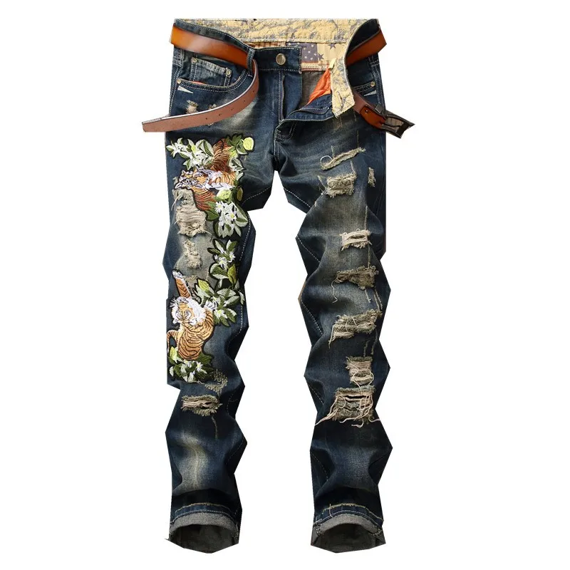 

Fashion ripped jeans for men hole motorcycle trousers blue slim fit denim pants torn stylish youth streetwear embroidered tiger