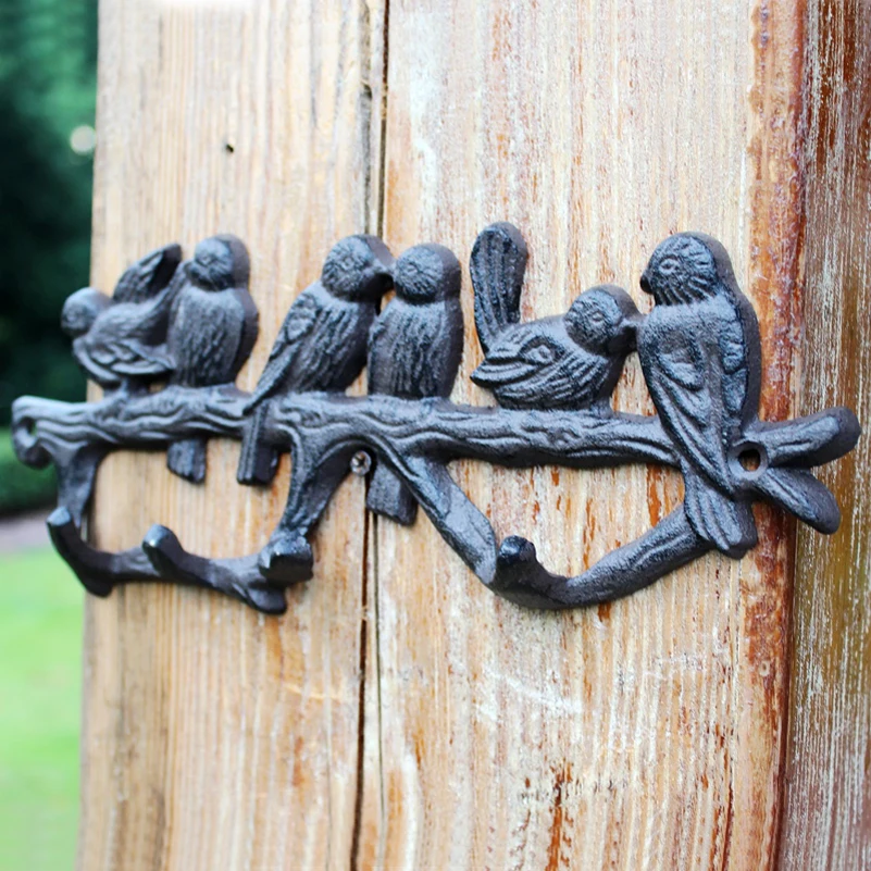 European Farm House Accents Handmade Antique Black Six Birds On Branch Cast Iron Wall Mounted Hook With Four Hangers Garden Item