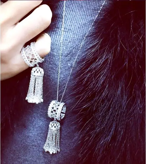 High Quality Retro Silver Color Luxury Cubic Zirconia With Long Tassel Ring For Women Jewelry Copper Ring For Wedding Women