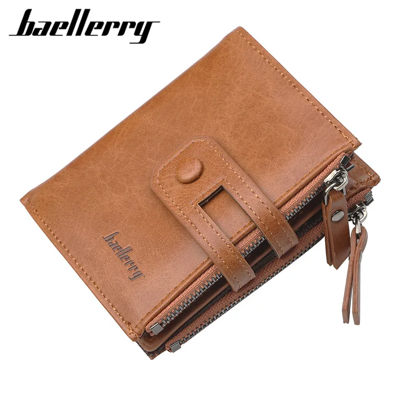 

baellerry Fashion Short Leather Men's Wallet With Zipper Coin Pocket Purse For Man Vintage Card Holders Double Money Bag