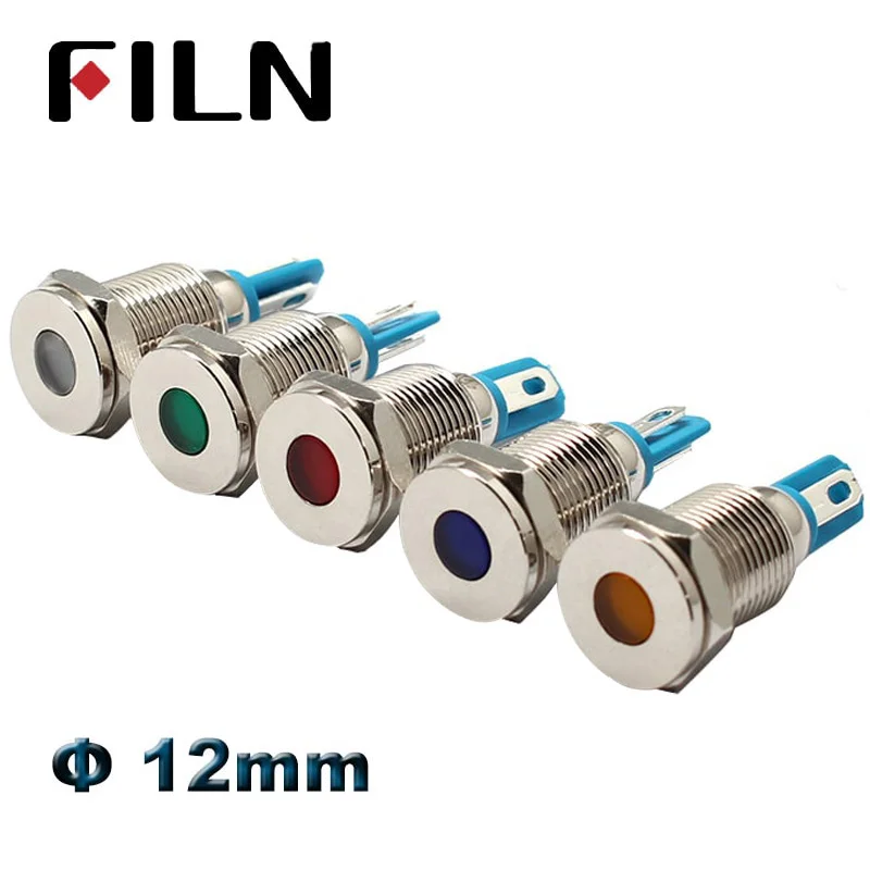 FILN-luz indicadora Led de metal para coche, lámpara piloto de señal roja, verde, azul, blanca y ámbar, 12mm, 12V