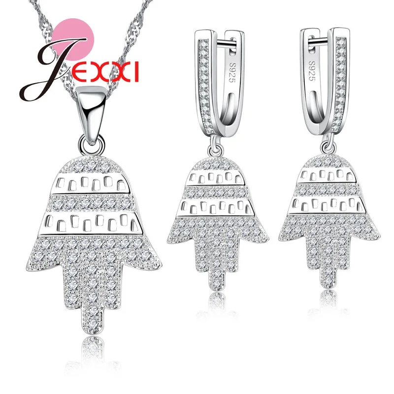 Real 925 Sterling Silver Needle Jewelry Sets AAA Zircon Friendship Hamsa Hand Fatima Palm Lever Back Earrings Pendant Necklace