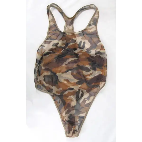 Mens Thong Back Bodysuit Stretchy High Cut Racer Back G1280 Camo Print Mesh C-thru