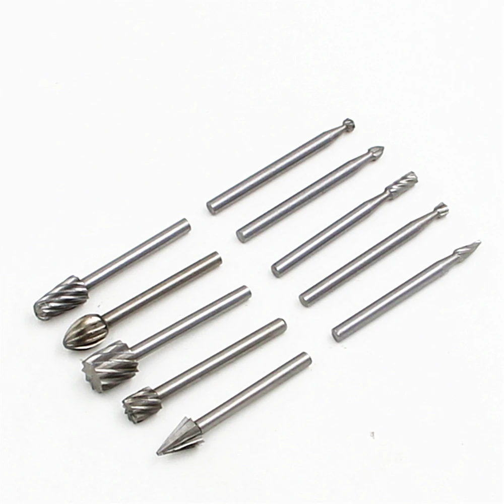 10pcs 1/8'' Shank HSS Steel Rotary Burrs Cutter Engraving Grinding Bit For Rotary File Cutter Tools Woodworking DIY