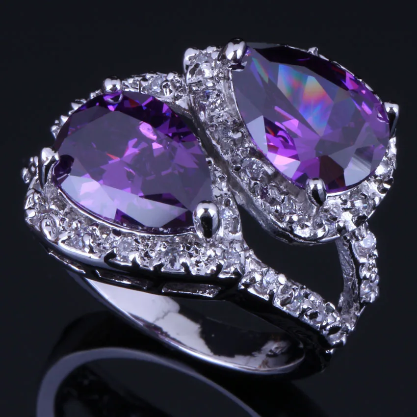 Fabulous Pear Purple Cubic Zirconia White CZ Silver Plated Ring V0471