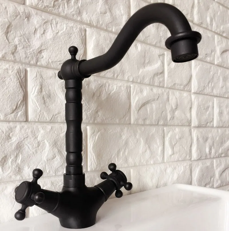 Black Oil Rubbed Brass Dual Cross Handles One Hole Bathroom Kitchen Basin Sink Faucet Mixer Tap Swivel Spout Deck Mounted mnf344