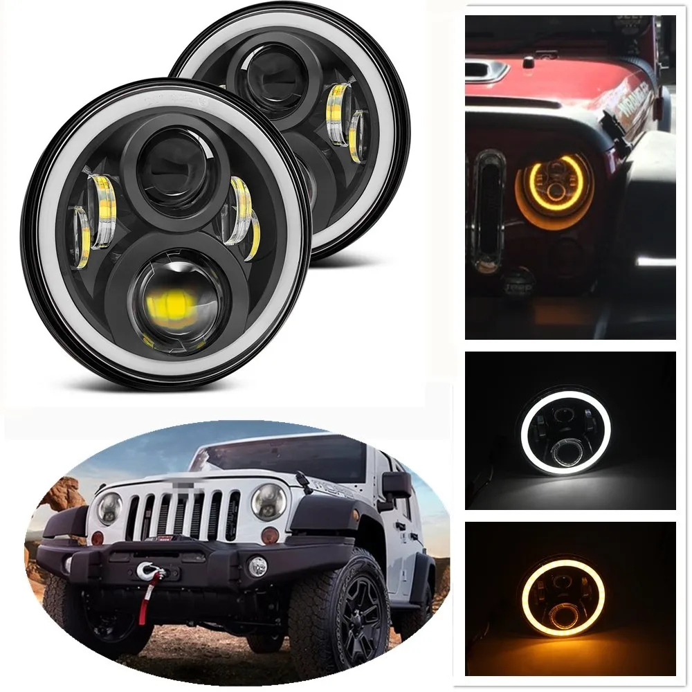 

2pc 7 Inch Led Headlight For Jeep Wrangler JK Lada Niva 4x4 H4 DRL Round 7'' Headlights White Amber Angel Eye Halo 90W 60W 40W