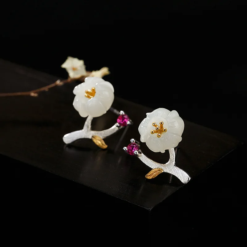 

S925 pure silver retro inlaid natural Hotan jade white plum blossom lady temperament set ear nails Earrings