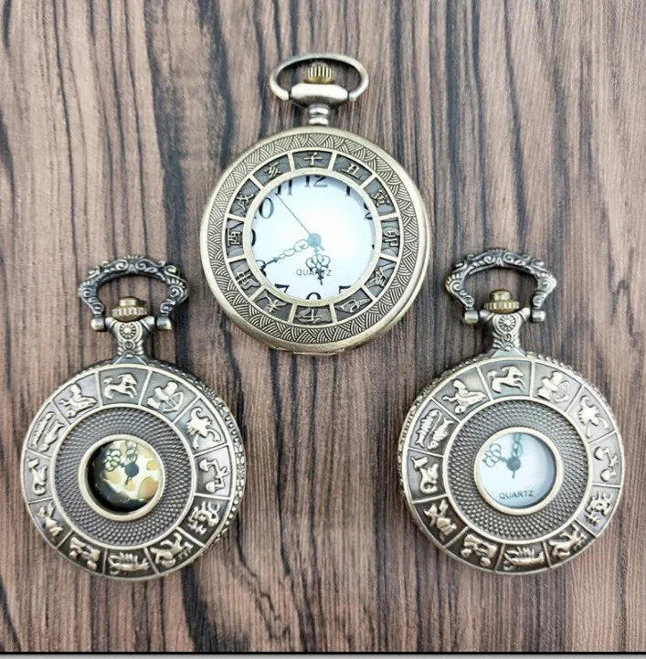 

Retro Constellations Zodiac Pocket Watch Constellations Antique Bronze Half Hunter Hollow out Quartz pocket watches Gift