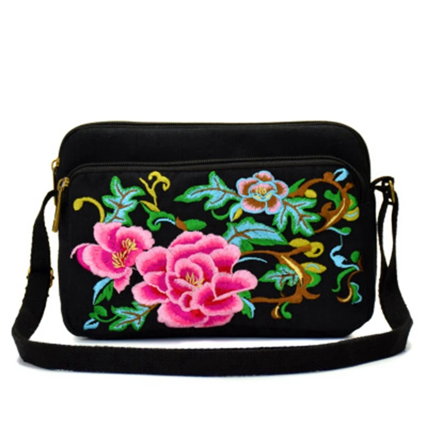 

New embroidered bag Chinese style embroidery black canvas three zipper ladies diagonal across the packet mobile phone bag