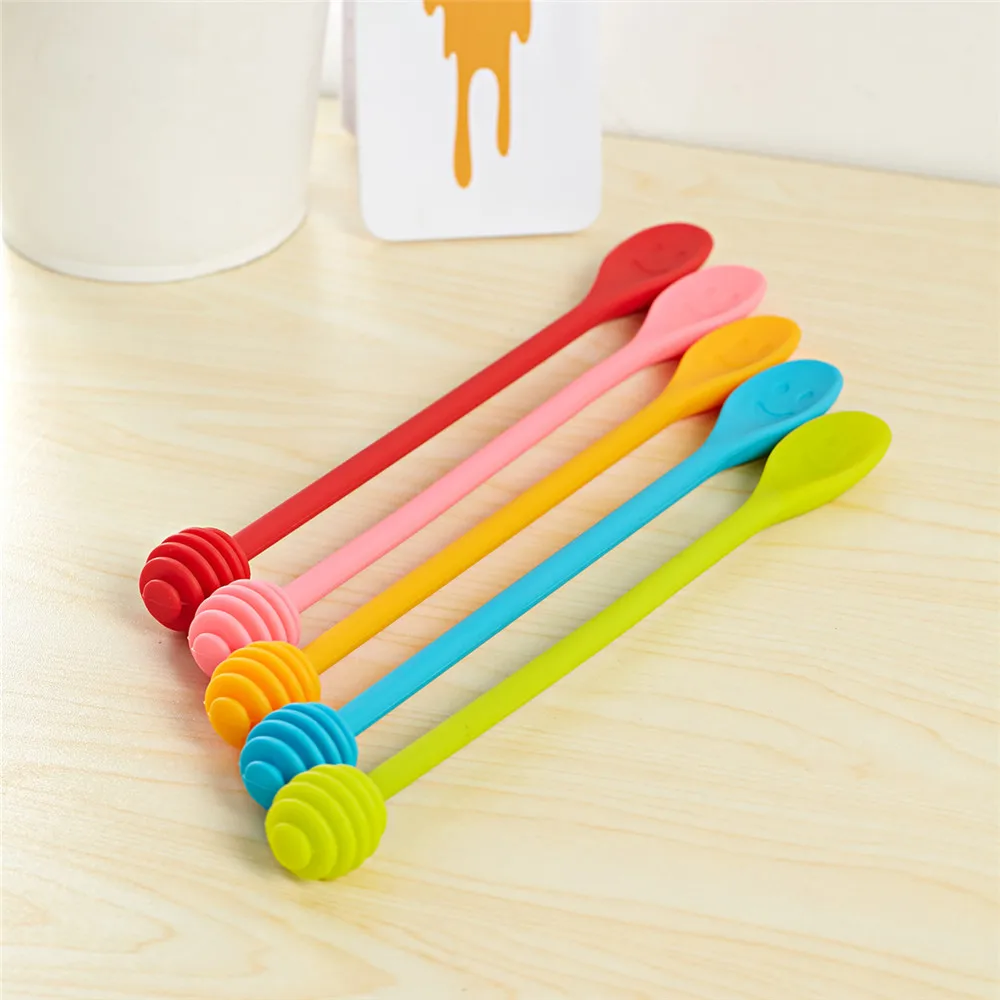 

New Arrive Cute Smile Face Silicone Honey Spoon Honey Stick Tea Long Handle Mixing Stick Coffee Sticker Spoon