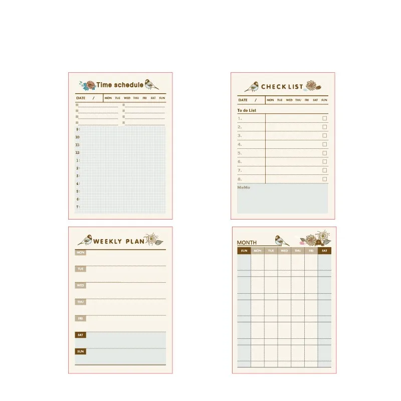 60sheets/pack Kawaii Birds Flowers Monthly Weekly Check List Mini Memo Notes Office School Home Diary To Do Memo Pad